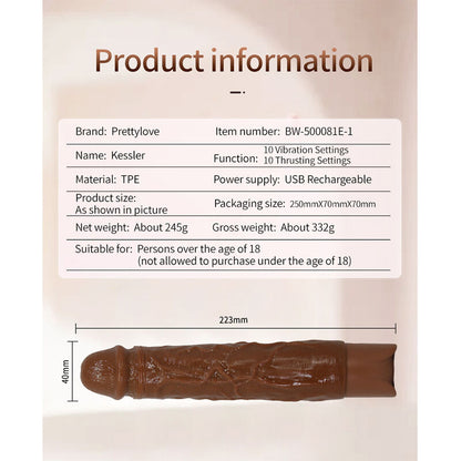 PRETTY LOVE - KESSLER REALISTIC VIBRATING DILDO WITH 10 VIBRATION MODES AND 10 THROWS, 22 CM, BROWN