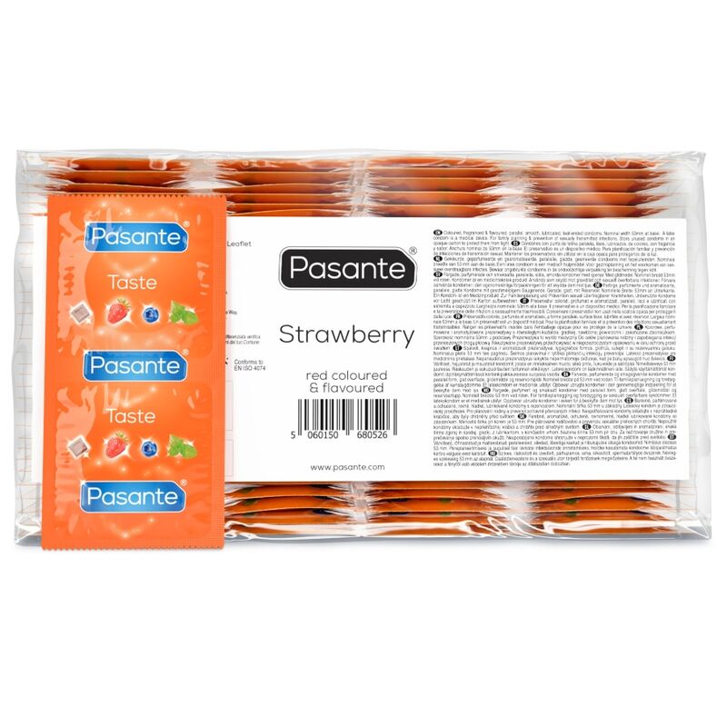 PASANTE - CONDOMS FLAVOR STRAWBERRY BAG 144 UNITS