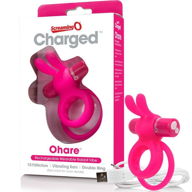 SCREAMING O - BAGUE DOUBLE RECHARGEABLE AVEC LAPIN LIEVRE ROSE