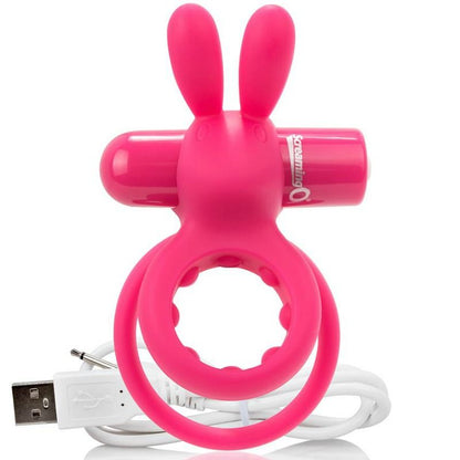 SCREAMING O - BAGUE DOUBLE RECHARGEABLE AVEC LAPIN LIEVRE ROSE