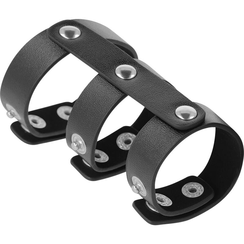 DARKNESS - ADJUSTABLE LEATHER DOUBLE PENIS AND TESTICLE RING