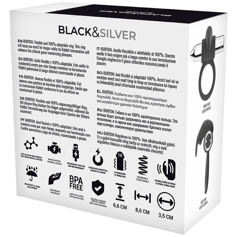 BLACK&SILVER - BURTON RECHARGEABLE RING 10 VIBRATION MODES