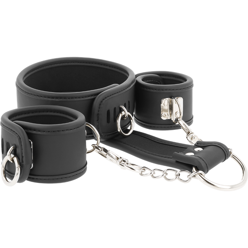 FÉTICHE SOUMIS - COLLIER ET MENOTTES EN CUIR VÉGÉTALIEN AVEC DOUBLURE EN NÉOPRÈNE