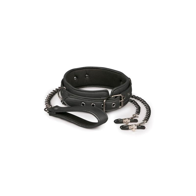 EASYTOYS - LEATHER COLLAR WITH NIPPLE CHAINS