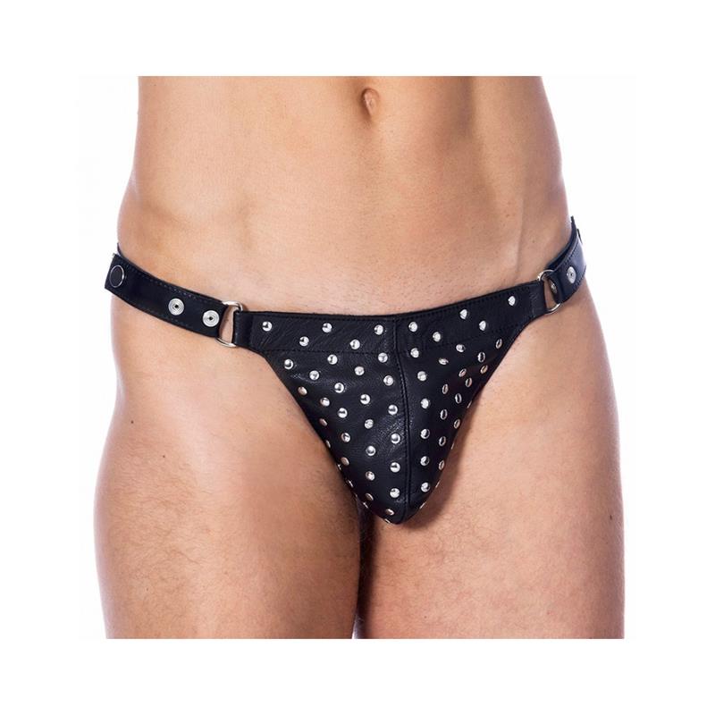 JUEGO BONDAGE - TANGA DE CUERO AJUSTABLE CON REMACHES