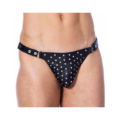 JUEGO BONDAGE - TANGA DE CUERO AJUSTABLE CON REMACHES