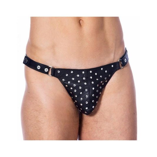 JUEGO BONDAGE - TANGA DE CUERO AJUSTABLE CON REMACHES