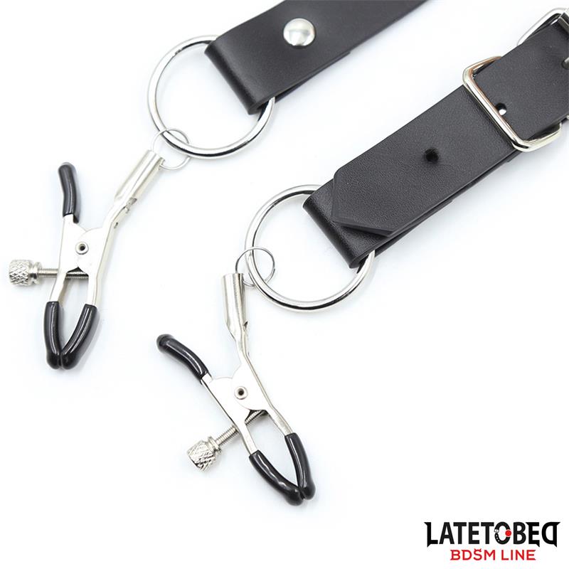 LATETOBED BDSM LINE - LEG BONDAGE STRAP WITH CLITORIS CLAMPS