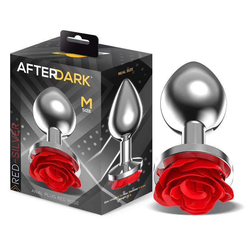 AFTERDARK - METAL ANAL PLUG WITH RED ROSE BASE - SIZE M