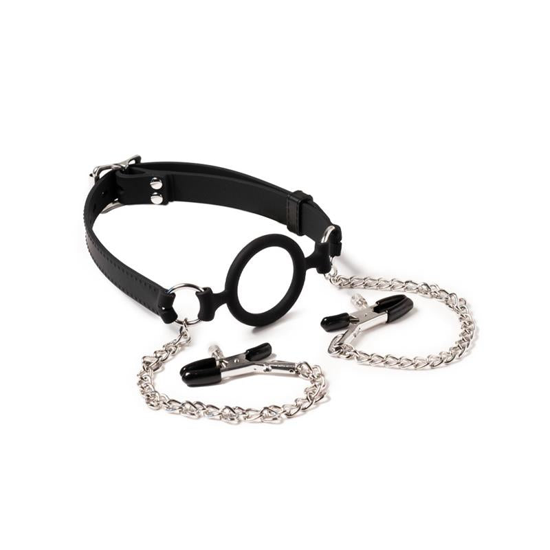 LATEX PLAY - MOUTHGAG WITH O-RING AND NIPPLE CLAMPS