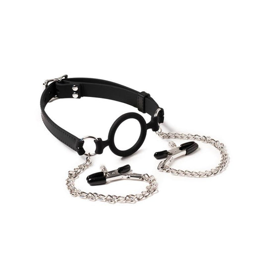 LATEX PLAY - MOUTHGAG WITH O-RING AND NIPPLE CLAMPS