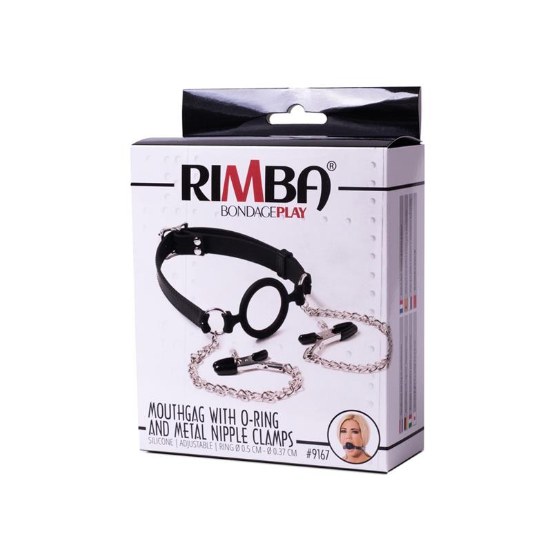 LATEX PLAY - MOUTHGAG WITH O-RING AND NIPPLE CLAMPS