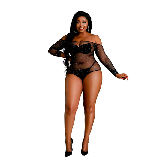 MOONLIGHT LINGERIE - MOONLIGHT BLACK OFF THE SHOULDER SPARKLE BODY PLUS SIZE