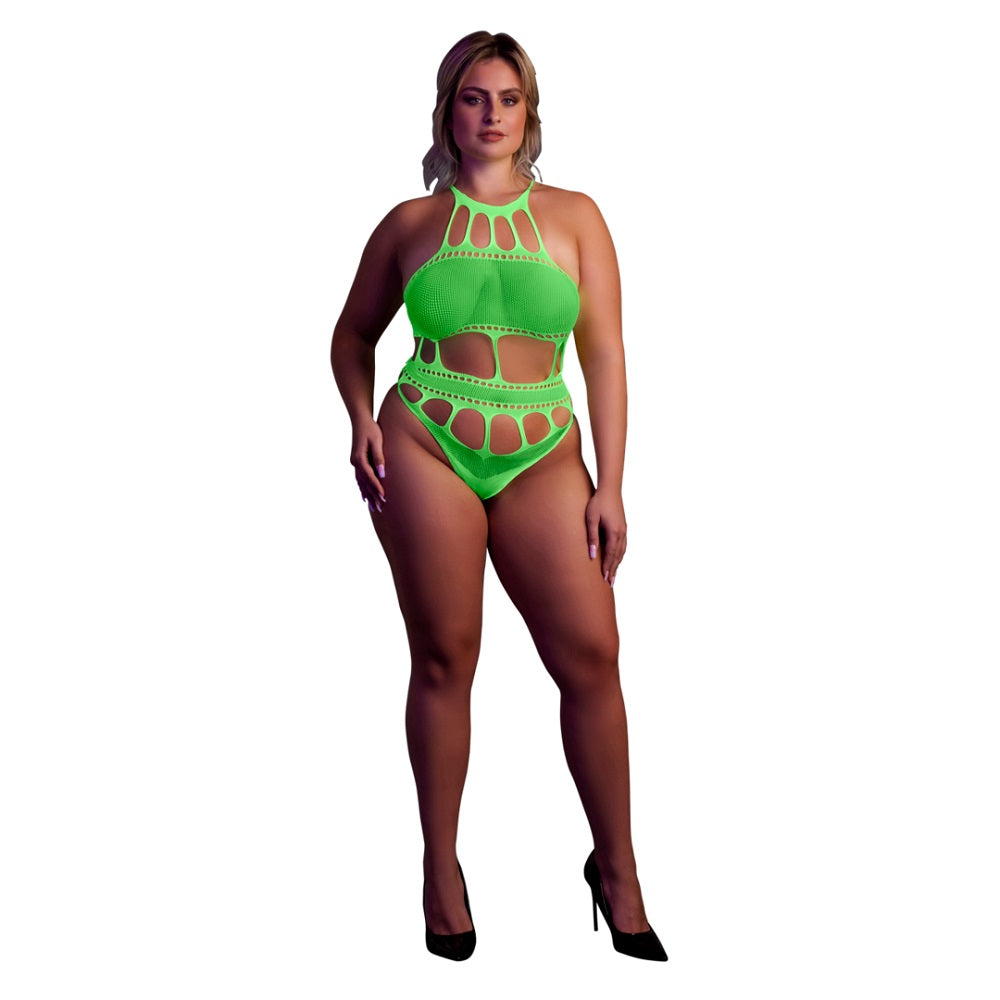 SHOTS TOYS - CUT OUT THONG BODYSUIT NEON GREEN PLUS SIZE