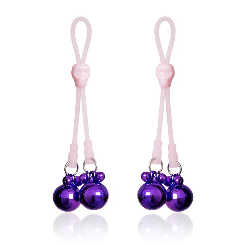 LATETOBED BDSM LINE - NIPPLE CLAMPS SKULLS AND RING BELLS SILICONE AND METAL PINK/PURPLE