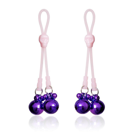LATETOBED BDSM LINE - NIPPLE CLAMPS SKULLS AND RING BELLS SILICONE AND METAL PINK/PURPLE