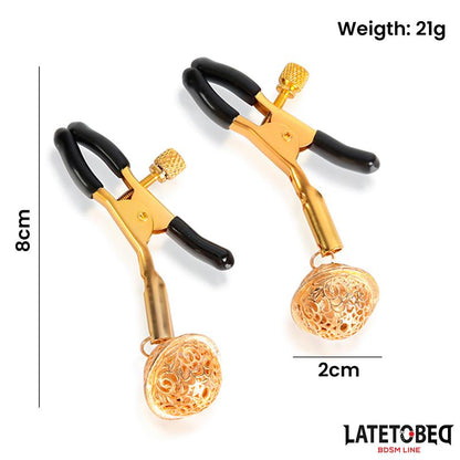 LATETOBED BDSM LINE - NIPPLE CLAMPS WITH BELL BLACK AND GOLD
