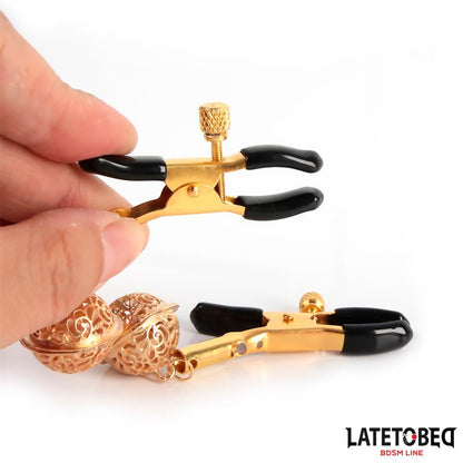 LATETOBED BDSM LINE - NIPPLE CLAMPS WITH BELL BLACK AND GOLD