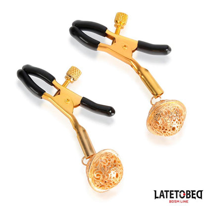 LATETOBED BDSM LINE - NIPPLE CLAMPS WITH BELL BLACK AND GOLD