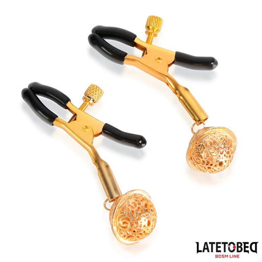 LATETOBED BDSM LINE - NIPPLE CLAMPS WITH BELL BLACK AND GOLD