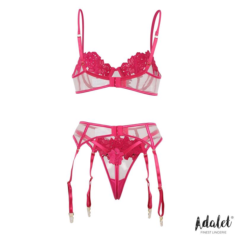 ADALET LINGERIE - NORA BRA, THONG, AND GARTER BELT SET WITH FLOWERS FUCHSIA