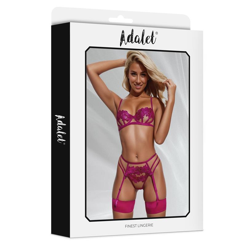 ADALET LINGERIE - NORA BRA, THONG, AND GARTER BELT SET WITH FLOWERS FUCHSIA