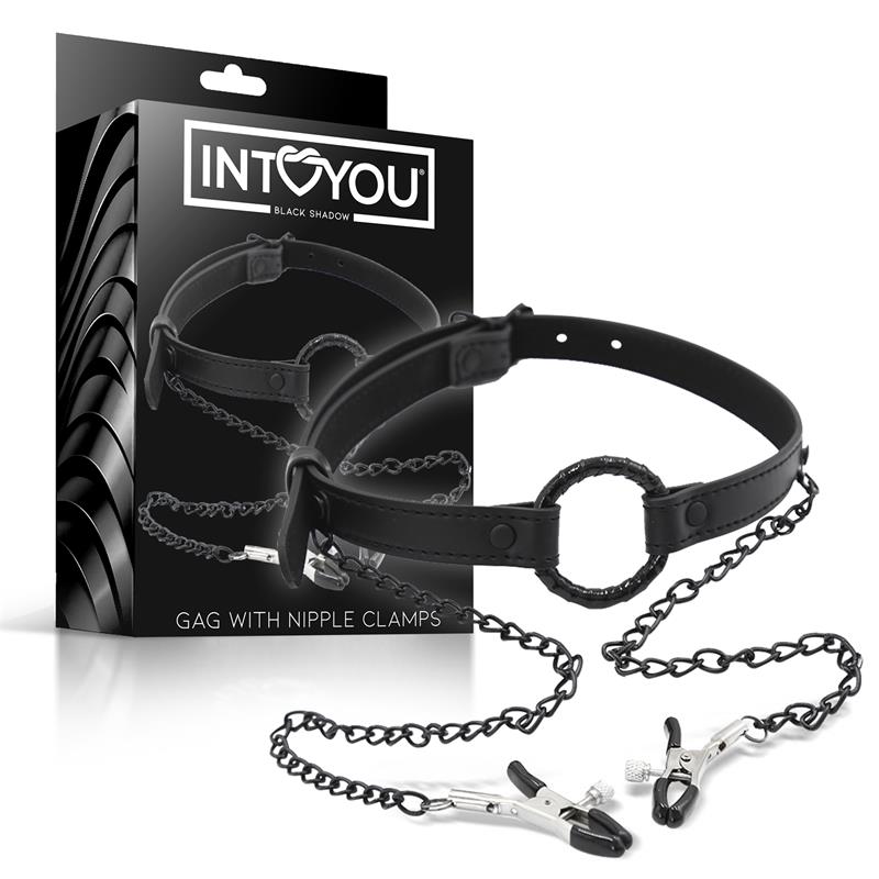 INTOYOU BLACK SHADOW - O RING GAG AND NIPPLE CLAMPS VEGAN LEATHER