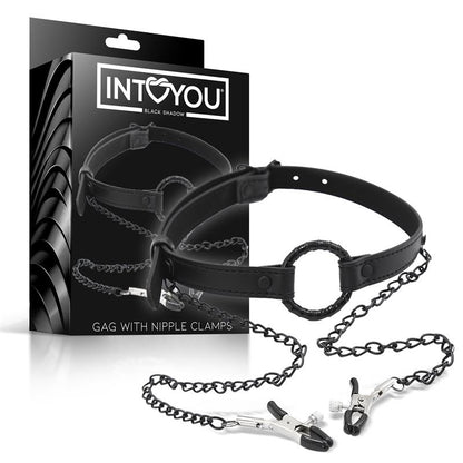INTOYOU BLACK SHADOW - O RING GAG AND NIPPLE CLAMPS VEGAN LEATHER