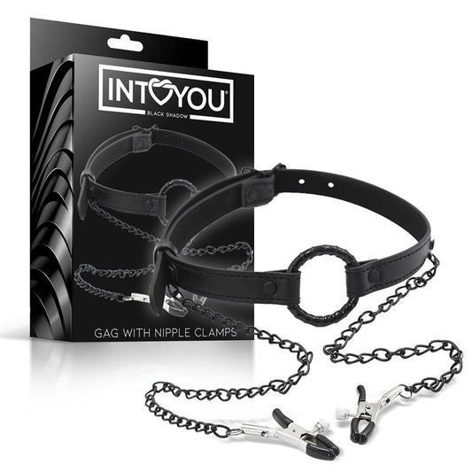 INTOYOU BLACK SHADOW - MORDAZA TIPO O-RING Y PINZAS PARA PEZONES DE CUERO VEGANO