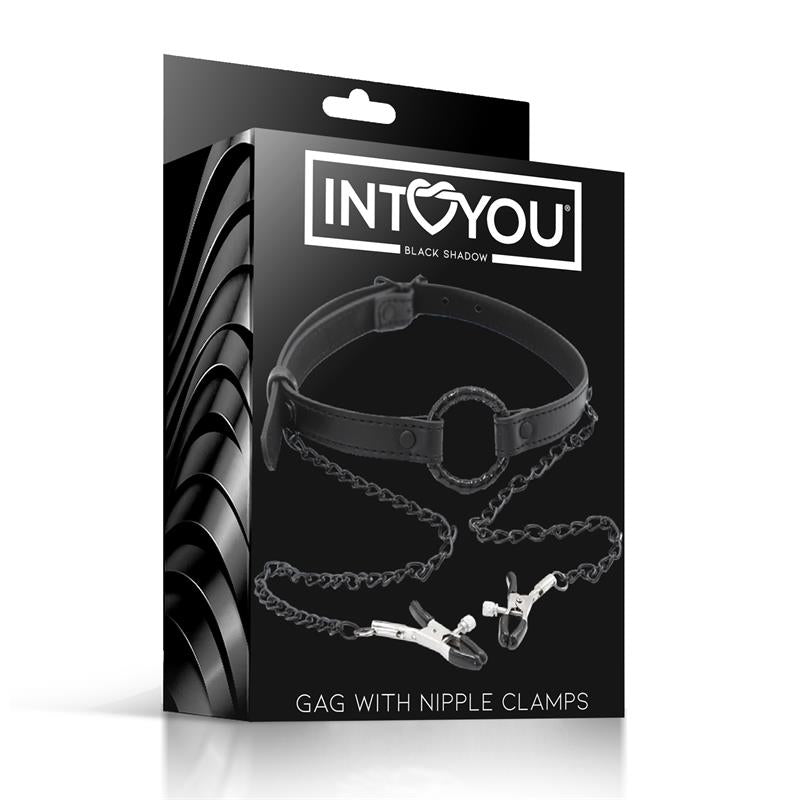 INTOYOU BLACK SHADOW - O RING GAG AND NIPPLE CLAMPS VEGAN LEATHER