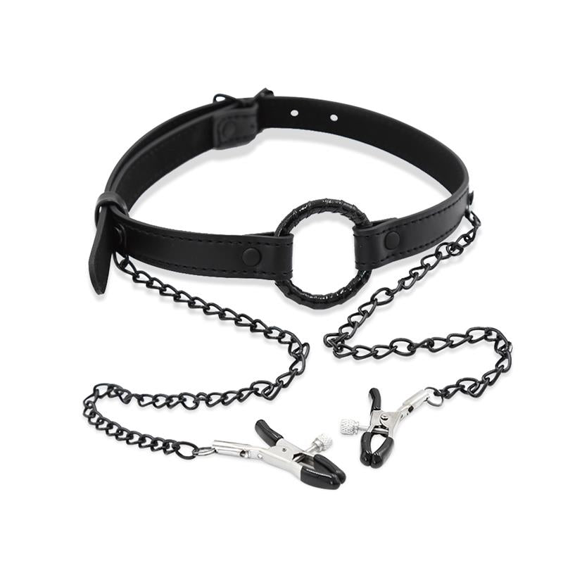 INTOYOU BLACK SHADOW - O RING GAG AND NIPPLE CLAMPS VEGAN LEATHER