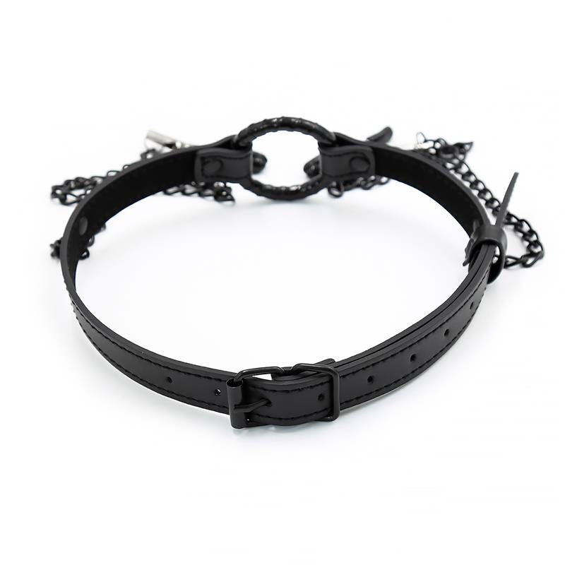 INTOYOU BLACK SHADOW - O RING GAG AND NIPPLE CLAMPS VEGAN LEATHER