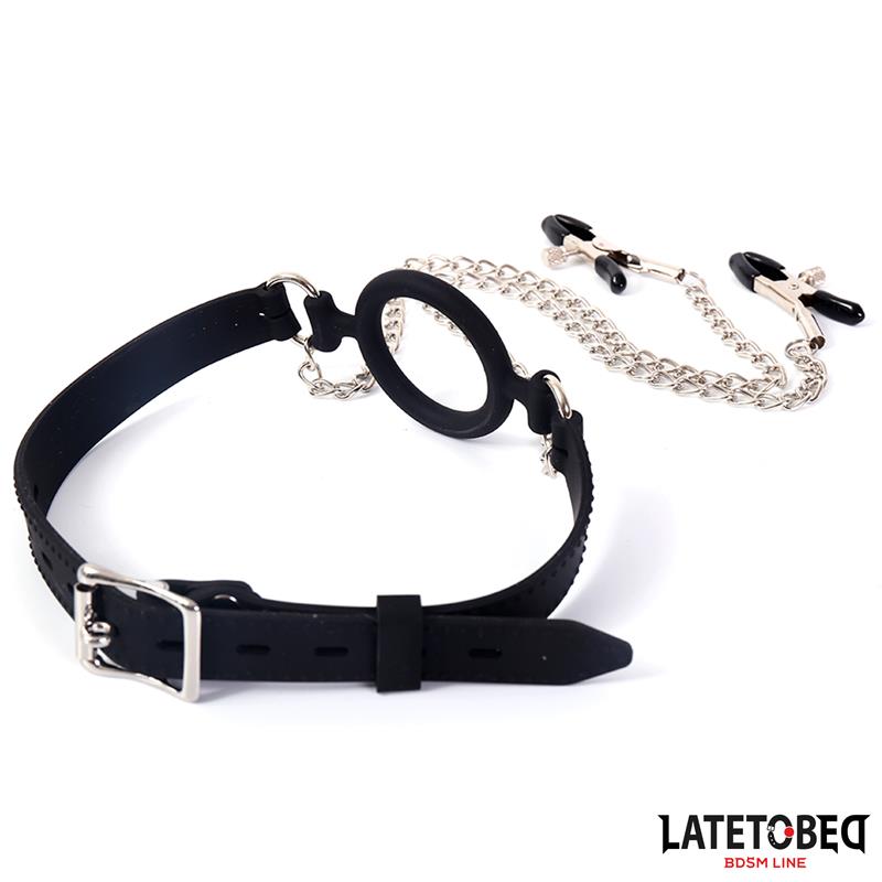LATETOBED BDSM LINE - OPEN MOUTH GAG WITH NIPPLE CLAMPS