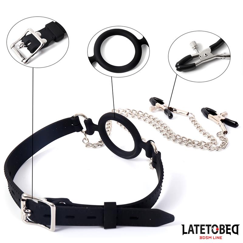 LATETOBED BDSM LINE - OPEN MOUTH GAG WITH NIPPLE CLAMPS