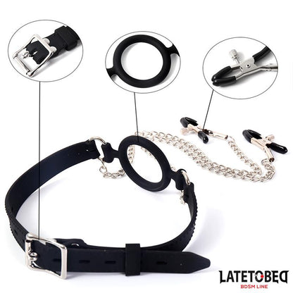 LATETOBED BDSM LINE - OPEN MOUTH GAG WITH NIPPLE CLAMPS