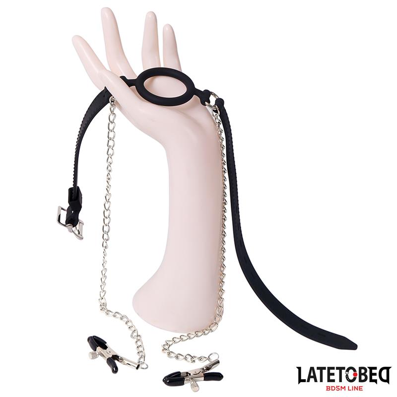 LATETOBED BDSM LINE - OPEN MOUTH GAG WITH NIPPLE CLAMPS