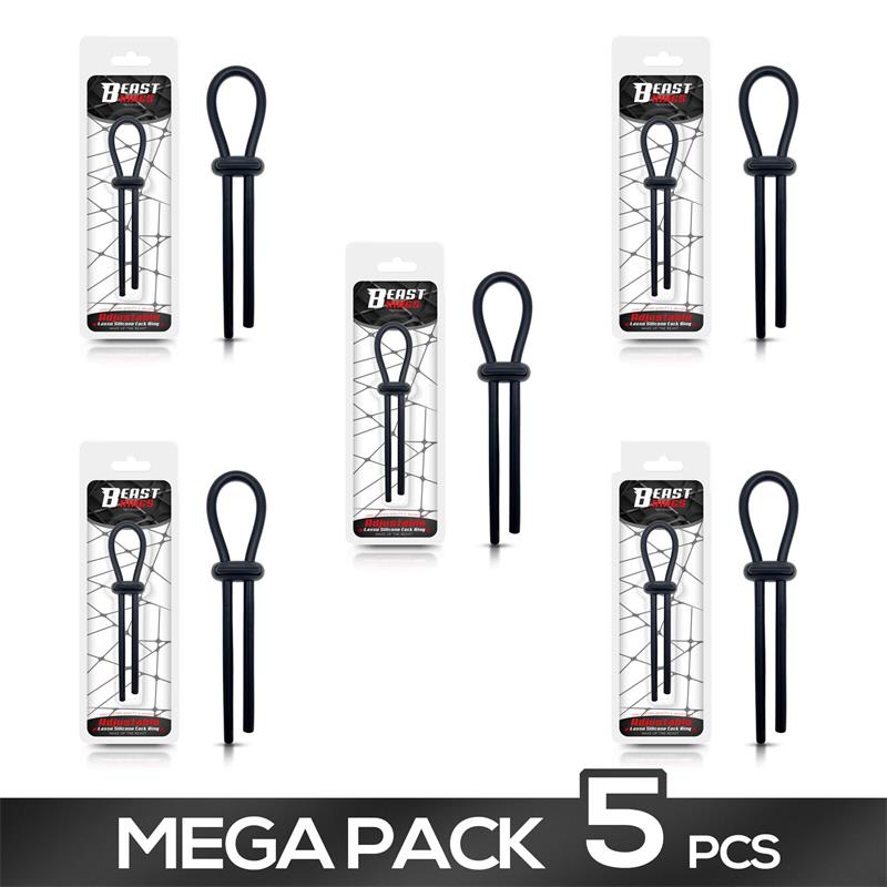 BEAST RINGS - PACK OF 5 ADJUSTABLE LASSO PENIS RING SOLID SILICONE BLACK
