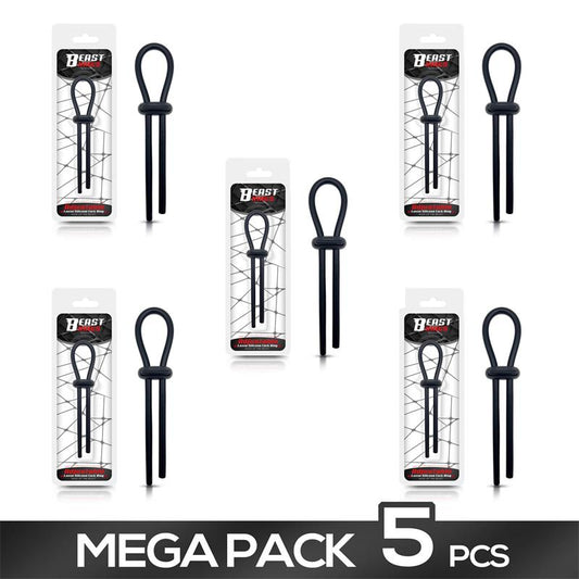 BEAST RINGS - PACK OF 5 ADJUSTABLE LASSO PENIS RING SOLID SILICONE BLACK