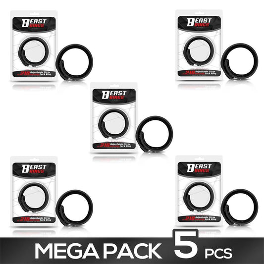 BEAST RINGS - PACK OF 5 SOLID SILICONE ADJUSTABLE STRIP COCK RING 15-21 CM