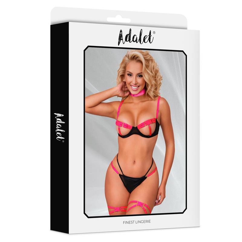 ADALET LINGERIE - PAULINE BRA, PANTIES, LEG RINGS AND CHOKER SET BLACK AND PINK