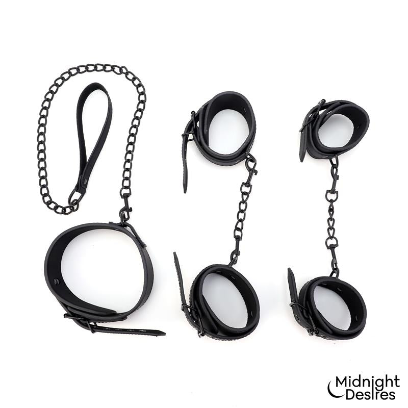 MIDNIGHT DESIRES - RESTRAINT SET WITH COLLAR WITH LEASH AND CUFFS