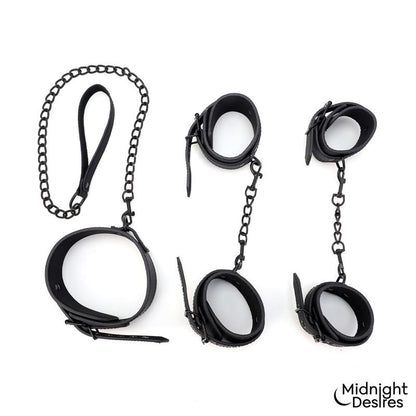 MIDNIGHT DESIRES - RESTRAINT SET WITH COLLAR WITH LEASH AND CUFFS