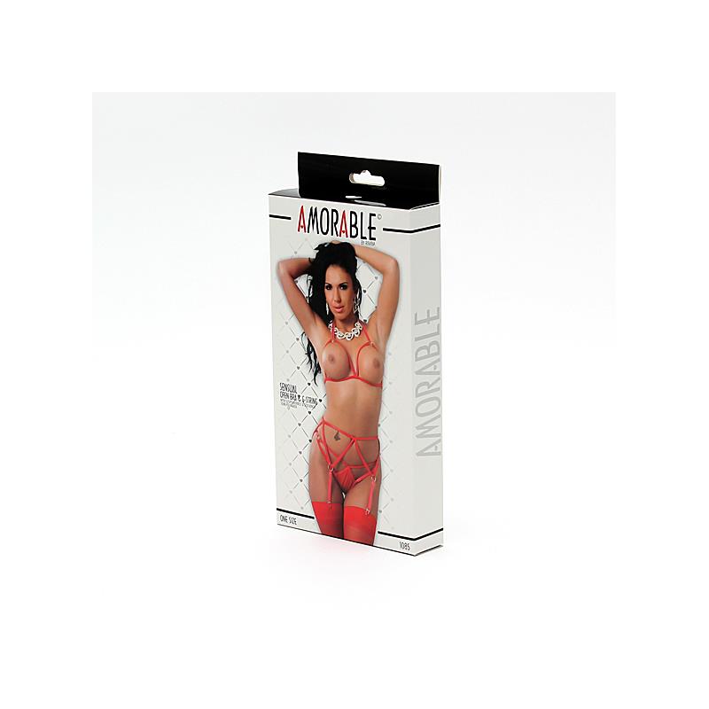AMORABLE - 5 PIECES SET WITH OPEN BRA RED ONE SIZE