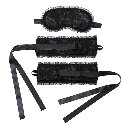 JUEGO DE BONDAGE - ESPOSAS DE SATÉN ESTILO BONDAGE CON MÁSCARA NEGRAS