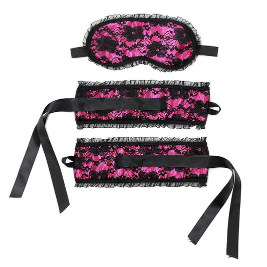 BONDAGE PLAY - BONDAGE SATIN LOOK HANDCUFFS WITH MASK PINK