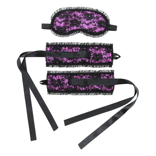 BONDAGE PLAY - BONDAGE SATIN LOOK HANDCUFFS WITH MASK PURPLE