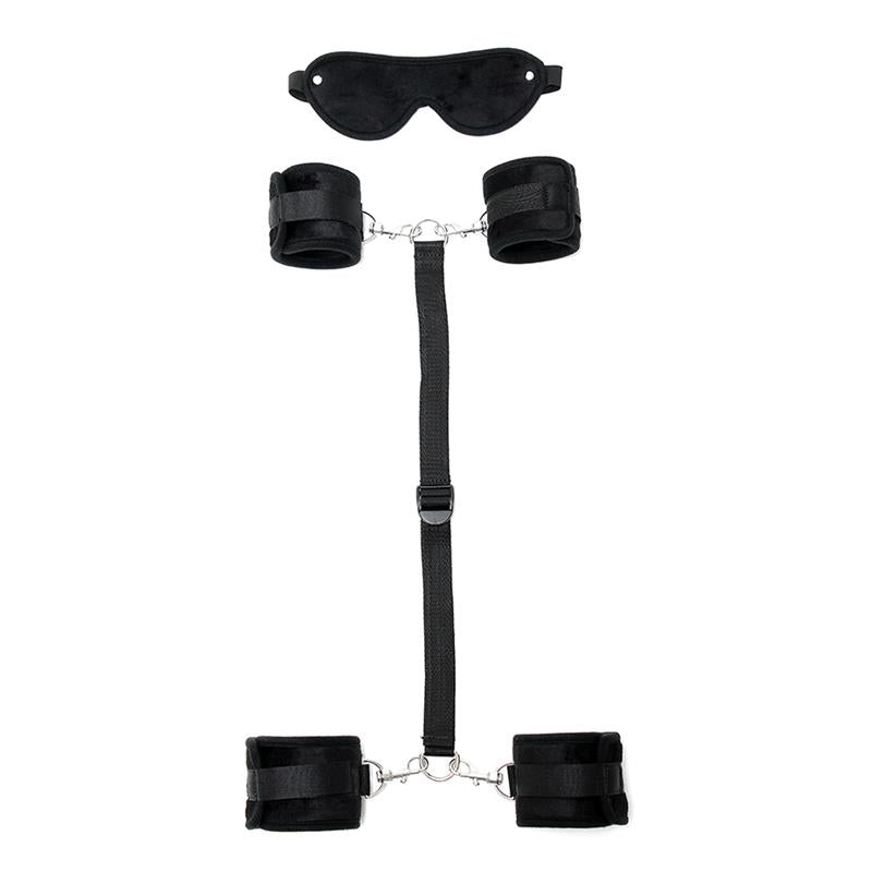 BONDAGE PLAY - HAND TO ANKLE CUFFS WITH MASK ADJUSTABLE BLACK