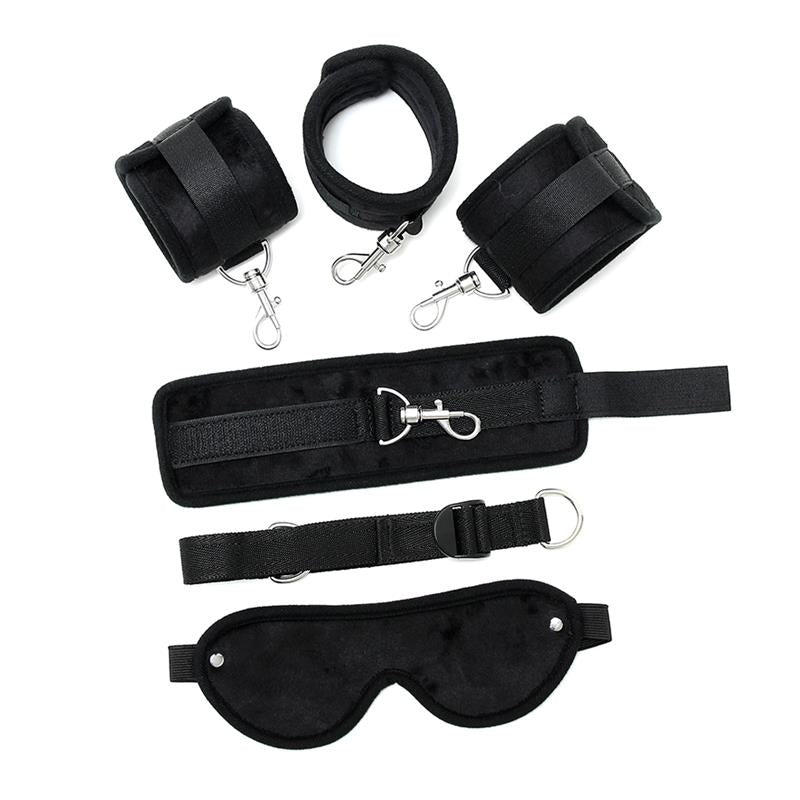 BONDAGE PLAY - HAND TO ANKLE CUFFS WITH MASK ADJUSTABLE BLACK