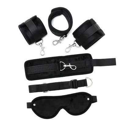 BONDAGE PLAY - HAND TO ANKLE CUFFS WITH MASK ADJUSTABLE BLACK