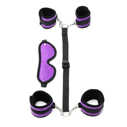 BONDAGE PLAY - HAND TO ANKLE CUFFS WITH MASK ADJUSTABLE PURPLE
